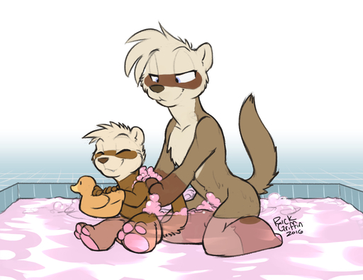 2016 age_difference aged_down anthro bathing cub cute_fangs domestic_ferret duo eyes_closed featureless_crotch female gloves_(marking) holding_object keene_(housepets!) kneeling leg_markings male mammal markings mother mother_and_child mother_and_son mustela mustelid musteline nude parent parent_and_child partially_submerged rick_griffin rubber_duck signature simple_background sitting size_difference smile socks_(marking) son suds true_musteline webcomic webcomic_character young // 990x765 // 363.7KB