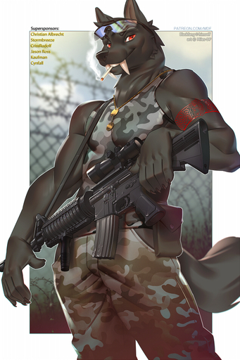 2016 acog_scope anthro ar-15 assault_rifle bag banana_magazine barbed_wire belt_pouch biped black_body black_fur blackfang border bottomwear camo canid canine canis chain-link_fence cigarette claws clothed clothing dog_tags english_text eyewear fangs fence foregrip forward_grip fur grey_body grey_fur gun jewelry m4 male mammal miles_df muscular muscular_anthro muscular_male necklace pants portrait ranged_weapon red_eyes rifle sabertooth_(anatomy) safety_glasses scope shirt sleeveless smile smoke smoking solo standing stoner_rifle tattoo teeth text three-quarter_portrait three-quarter_view topwear urban_camo url weapon white_border wolf // 633x950 // 531.4KB