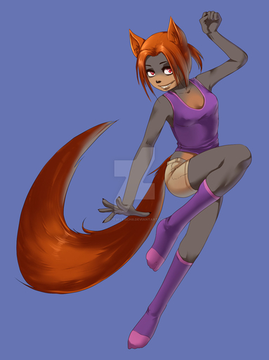 anthro blue_background breasts brown_hair canid canine clothed clothing female footwear fox fur grey_body grey_fur hair half-closed_eyes hi_res inner_ear_fluff legwear looking_at_viewer mammal narrowed_eyes simple_background smile socks solo teeth totesfleisch8 tuft // 1024x1369 // 168KB