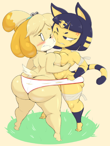 2019 angry animal_crossing ankha_(animal_crossing) anthro big_butt blonde_hair blue_hair blush bodily_fluids breast_squish breasts breasts_frottage butt canid canine canis clenched_teeth clothed clothing cross-popping_vein domestic_cat domestic_dog duo egyptian empty_eyes felid feline felis female femalefemale hair hi_res isabelle_(animal_crossing) mammal nervous nintendo no_pupils one_eye_closed panties purple_yoshi_draws shared_clothing shih_tzu short_hair short_stack squish striped_tail stripes sweat teeth topless toy_dog underwear vein video_games wide_hips wraps yellow_body // 1780x2357 // 1.1MB