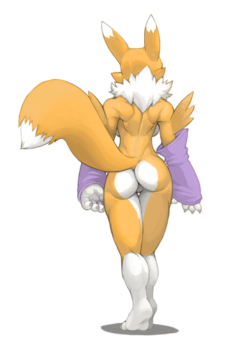 absurd_res anthro armwear back_boob bandai_namco breasts bridal_gauntlets butt canid clothing digimon digimon_(species) featureless_crotch female foxmode fur hi_res mammal mostly_nude rear_view renamon simple_background solo thigh_gap walking white_background yellow_body yellow_fur // 2250x3400 // 1.2MB