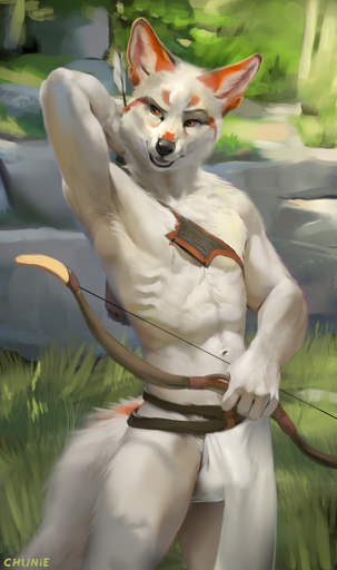 2019 5_fingers abs anthro arctic_fox armpit_hair arrow athletic athletic_anthro athletic_male body_hair bottomwear bow_(weapon) bulge canid canine chunie clothed clothing detailed_background digital_media_(artwork) fingers fox fur hi_res holding_object holding_weapon loincloth looking_aside male mammal navel orange_body orange_fur outside ranged_weapon red_body red_fur solo standing topless tribal vulpes weapon whiskers white_body white_fur // 757x1280 // 409.1KB