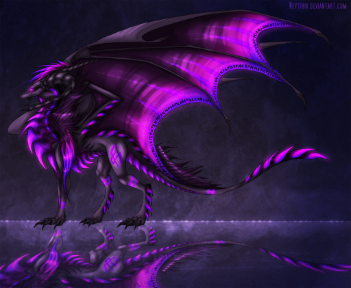 ambiguous_gender black_hair curved_horn dragon feral hair hi_res horn markings membrane_(anatomy) membranous_wings neytirix nude purple_eyes purple_hair reflection ridged_horn scalie simple_background solo text url wings // 2120x1743 // 718KB