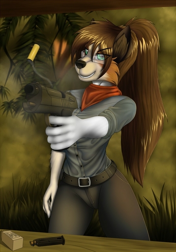 5_fingers ammo_box anthro belt belt_buckle beretta_92 black_nose brown_hair bullet canid canine canis clothed clothing collie detailed_background domestic_dog eyewear female fingers glasses green_eyes gun hair handgun herding_dog hi_res holding_gun holding_object holding_weapon jungle long_hair magazine_(gun) mammal pastoral_dog pistol ponytail ranged_weapon sheepdog shell shooting_range smile solo tales_foxdale weapon // 896x1280 // 169.5KB