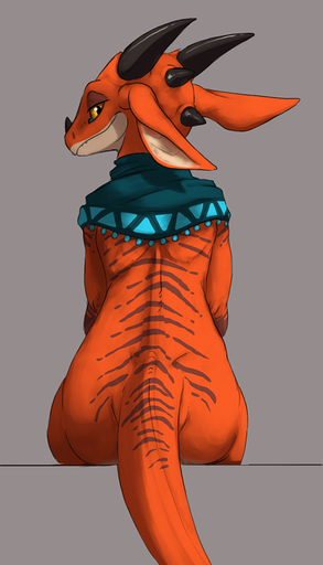 2019 ambiguous_gender anthro black_horn bottomless brown_body brown_scales butt citrus_(character) clothed clothing digital_media_(artwork) flamespitter horn kobold looking_back orange_body orange_scales rear_view scales scalie solo topwear yellow_eyes // 515x900 // 207.5KB