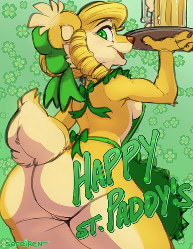 abstract_background alcohol anthro apron apron_only beer beverage blonde_hair bow breasts brown_nose butt cheek_tuft claws clothing clover conditional_dnp cup curled_hair digital_media_(artwork) ear_tuft eyelashes facial_tuft fangs female foam four_leaf_clover fur genitals green_eyes hair hi_res holidays looking_at_viewer looking_back mammal mostly_nude open_mouth pussy rear_view sefeiren side_boob tail_tuft tongue tray tuft ursid yellow_body yellow_fur // 927x1200 // 976.0KB