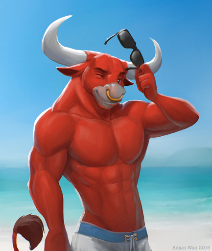 2016 4_fingers abs anthro athletic beach biceps big_muscles biped blue_sky bovid bovine cattle clothed clothing detailed_background digital_media_(artwork) eyebrows eyewear facial_piercing fingers front_view fur half-length_portrait hi_res horn looking_at_viewer male mammal muscular muscular_anthro nose_piercing nose_ring one_eye_closed outside pecs piercing portrait pose red_body red_fur sand seaside septum_piercing sky smile solo standing sunglasses swimming_trunks swimwear tail_tuft topless tuft water wink zaush // 1864x2202 // 1.2MB
