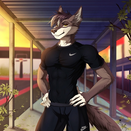 1:1 5_fingers anthro biped black_hair black_nose canid canine canis clothed clothing detailed_background digital_media_(artwork) eyebrows eyelashes fingers hair hazakyaracely hi_res male mammal smile solo wolf yellow_eyes // 1920x1920 // 402KB