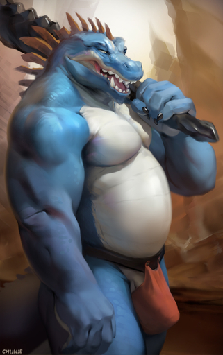 2019 anthro belly blue_body blue_scales bottomwear bulge chunie claws clothing detailed_background digital_media_(artwork) genitals hi_res holding_object holding_weapon humanoid_genitalia humanoid_penis lizard loincloth looking_aside male melee_weapon musclegut muscular muscular_anthro muscular_male open_mouth penis penis_base reptile scales scalie solo standing weapon white_body white_scales // 802x1280 // 373.1KB