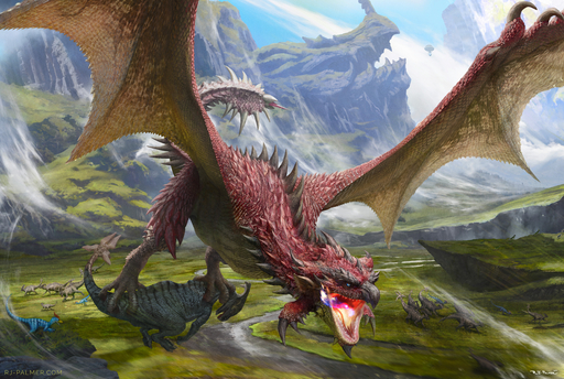 2020 absurd_res arvalis capcom cliff cloud day detailed_background digital_media_(artwork) dinosaur dragon dromaeosaurid feral flying flying_wyvern grass hi_res male monster_hunter mountain open_mouth outside plant rath_wyvern rathalos red_body red_scales reptile river scales scalie sky teeth theropod tongue video_games wings wyvern // 8000x5370 // 12.4MB