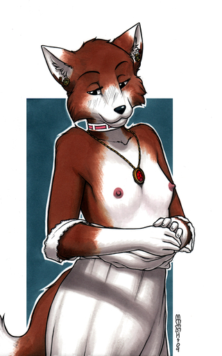 2009 anthro breasts canid canine choker clothed clothing digital_media_(artwork) ear_piercing erect_nipples female flat_chested fox jewelry mammal meesh necklace nipples partially_clothed pendant piercing princess_flatchest small_breasts solo topless // 641x1026 // 414KB