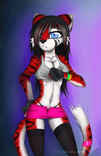 abstract_background anthro blue_eyes cherry_(macmegagerc) clothed clothing felid female hair hair_over_eye macmegagerc mammal one_eye_obstructed pantherine simple_background skimpy solo tiger // 547x846 // 457.3KB