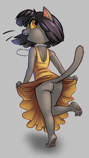2017 3_toes anthro biped butt chibi clothed clothing digital_media_(artwork) feet felid female fur grey_background hair ivy_pepper jewelry looking_back makeup mammal mascara necklace no_underwear open_mouth orange_eyes simple_background siroc solo toes webcomic webcomic_character yellow_sclera // 626x1110 // 427.6KB