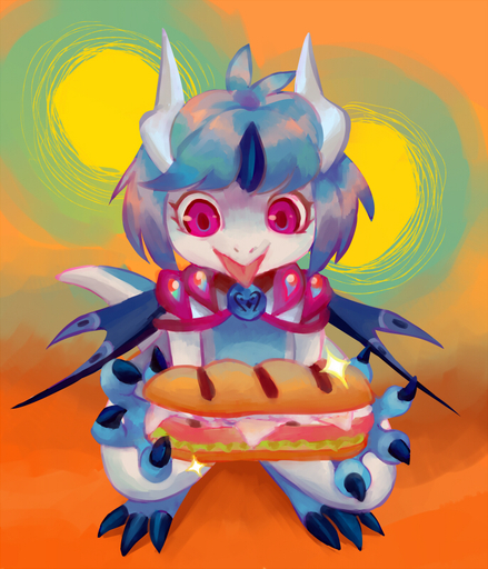 3_toes 4_fingers anthro biped blue_body blue_claws blue_hair blue_markings blue_wings claws dark_claws dragon feet female fingers food grimart hair holding_food holding_object looking_at_food looking_at_object markings pink_tongue purple_eyes sandwich_(food) sifyro smile solo toe_claws toes tongue tongue_out wing_markings wings // 684x798 // 550.6KB