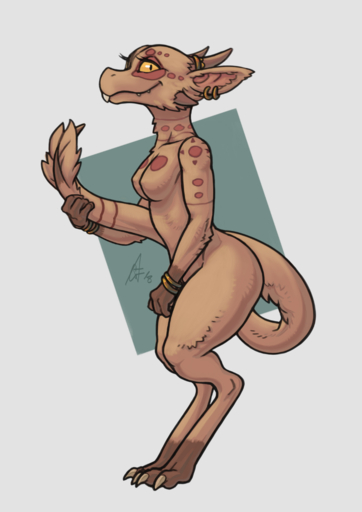 2018 anthro bracelet breasts brown_body brown_fur claws crestfallenartist digitigrade ear_piercing ear_ring female fur furred_kobold hi_res horn hybrid jewelry kobold looking_at_viewer mammal nipples nude out-of-placers overbite piercing scalie signature simple_background smile solo standing toe_claws webcomic webcomic_character yellow_sclera yinglet // 919x1300 // 471.9KB