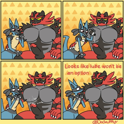 2021 anthro anthro_on_anthro balls bottle comic dasoupguy dialogue duo english_text erection genitals hi_res holding_object humanoid_genitalia humanoid_penis humor imminent_sex incineroar lube lucario male malemale multiple_scenes muscular muscular_anthro muscular_male nintendo nipples pecs penis pokemon pokemon_(species) size_difference sound_effects spikes spikes_(anatomy) text url video_games // 2000x2000 // 547.6KB