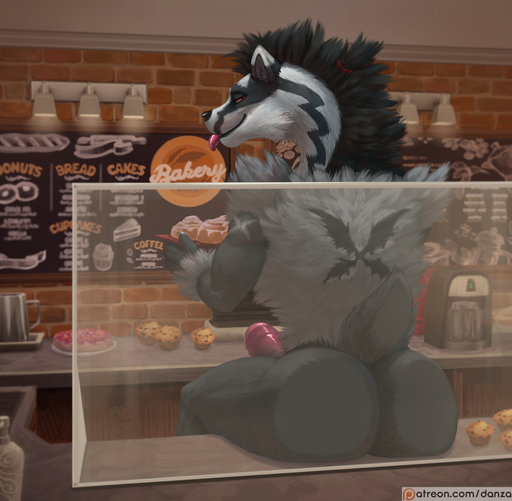 anthro bakery butt butt_against_glass cinnamon_bun claws conditional_dnp cupcake danza erection finger_claws fluffy food fur genitals grey_body grey_fur hi_res humanoid_genitalia humanoid_penis inside looking_at_viewer looking_back male nintendo obstagoon patreon penis pokemon pokemon_(species) rear_view red_eyes scut_tail shaded thick_penis tongue tongue_out video_games // 1270x1242 // 1.1MB