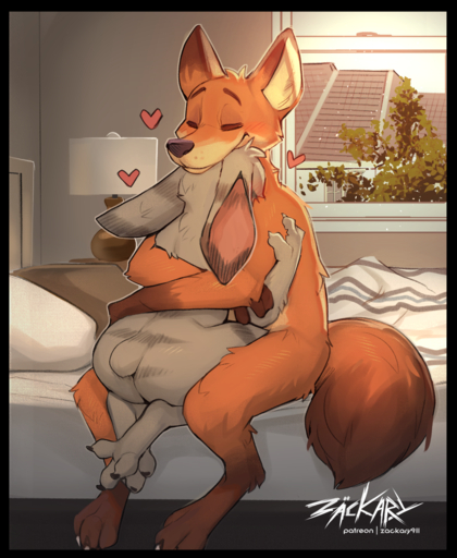 2022 <3 anthro bed bedroom butt canid canine conditional_dnp detailed_background embrace eyes_closed fox fur furniture grey_body grey_fur hi_res hug interspecies jack_savage lagomorph leporid male mammal nick_wilde nude orange_body orange_fur pillow predatorprey rabbit size_difference smile text translated zackary911 // 1194x1455 // 1.9MB