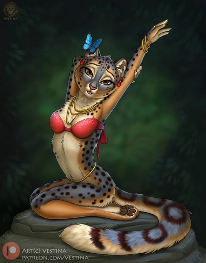 anthro arthropod bra bracelet butterfly clothing ear_piercing ear_ring felid female fur hi_res insect jewelry lepidopteran looking_at_viewer mammal necklace pantherine piercing snow_leopard solo spots spotted_body spotted_fur text underwear url vestina // 1200x1527 // 171.4KB