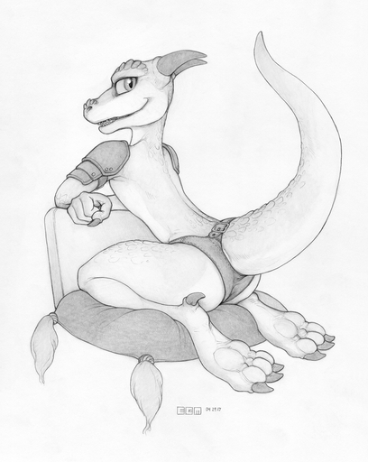 2017 4_fingers anthro armor bare_back clothed clothing dewclaw digitigrade ecmajor female fingers furgonomics hi_res horn kobold looking_at_viewer monochrome open_mouth scalie simple_background smile solo teeth thick_thighs traditional_media_(artwork) underwear white_background // 1036x1301 // 1.0MB