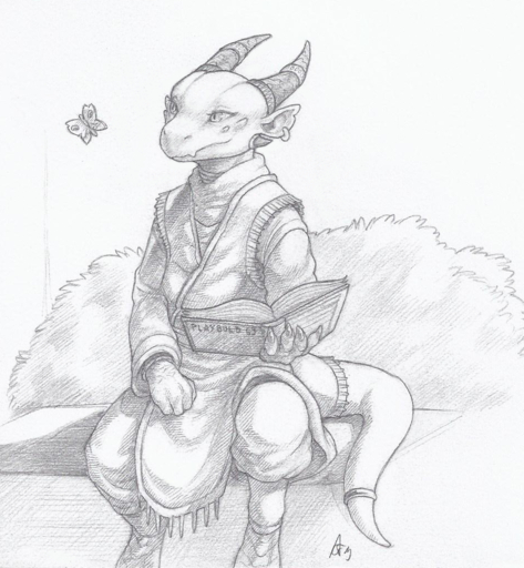 2019 ambiguous_gender anthro arthropod book butterfly claws clothed clothing crestfallenartist ear_piercing ear_ring fully_clothed greyscale holding_object horn horn_ring insect jewelry kobold lepidopteran looking_aside monochrome piercing scalie simple_background sitting solo tail_jewelry tail_ring traditional_media_(artwork) white_background // 946x1024 // 1.3MB