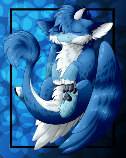 2019 4_toes absurd_res blue_body blue_fur blue_hair digital_media_(artwork) dragon eyes_closed feathered_dragon feathered_wings feathers feet fur furred_dragon hair hi_res paws smile toes wings wolfenfluffy // 1920x2407 // 3.5MB