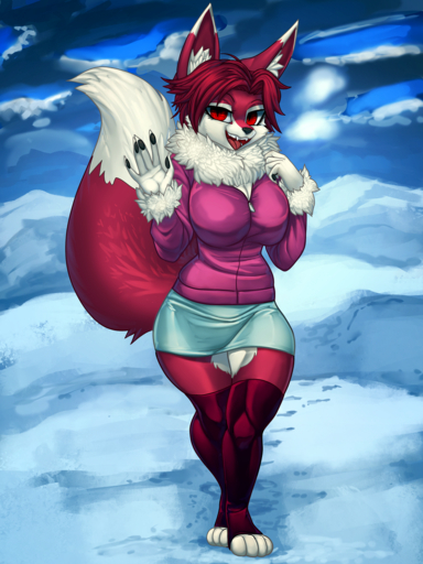 2020 3:4 5_fingers anthro big_breasts bottomwear breasts canid canine clothed clothing digital_media_(artwork) digitigrade female fingers fox fully_clothed fur general-irrelevant hair hi_res jacket legwear mammal open_mouth outside red_body red_eyes red_fur red_hair regys_(carp) short_hair skirt smile snow solo standing stockings topwear // 960x1280 // 1.9MB