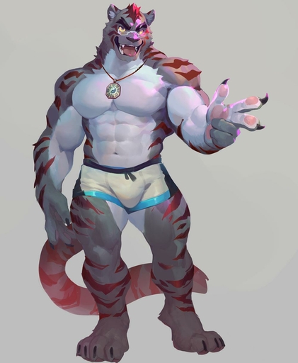 2019 abs anthro biceps big_muscles black_nose bulge clothing digital_media_(artwork) felid fur hair hi_res male mammal muscular muscular_anthro muscular_male null-ghost pantherine pecs simple_background solo striped_body striped_fur stripes tiger underwear yellow_sclera // 1000x1216 // 72.2KB