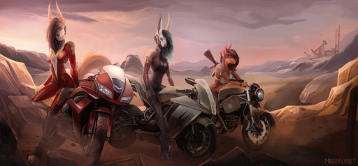 2018 anthro breasts brown_hair canid canine canis clothed clothing collar coyote day detailed_background digital_media_(artwork) digitigrade english_text female group hair hi_res jackal jacktor jessica_vega long_ears mammal mindmachine motorcycle outside rela sky standing tami text text_on_collar vehicle // 1650x768 // 1.8MB