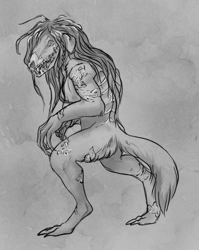 anthro breasts canid canine claws corruption female hair hi_res mammal monochrome mutation nude open_mouth solo wounded yaroul // 1022x1280 // 263.6KB