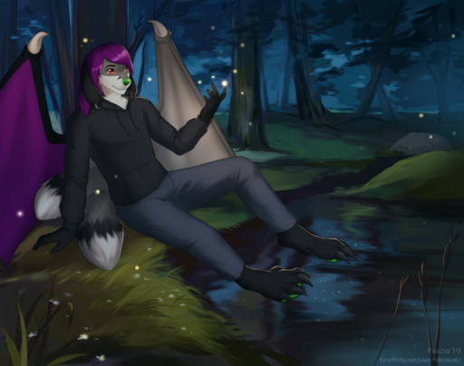 2019 5_toes anthro canid canine clothed clothing detailed_background digital_media_(artwork) dragon feet felicia_cat forest grass green_nose male mammal night outside plant solo toes tree // 1280x1011 // 1.0MB