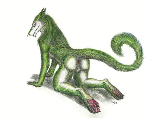 2021 4_toes 5_fingers all_fours anthro anus backsack balls blue_eyes blush butt claws colored_pencil_(artwork) feet fingers fluffy fur genitals green_body green_fur hi_res kneeling looking_at_viewer male mane nude perineum presenting presenting_anus presenting_hindquarters scalywanderer seductive sergal signature simple_background smile solo tail_tuft toe_claws toe_pads toes traditional_media_(artwork) tuft white_background white_body white_fur // 2272x1800 // 3.9MB