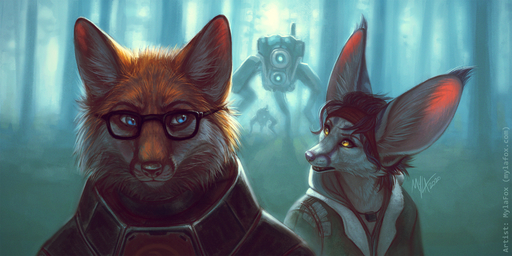 2:1 accessory alyx_vance anthro big_ears black_hair blue_eyes canid canine clothed clothing duo eyewear female fennec fox fur glasses gordon_freeman hair half-life headband hev_suit hi_res hunter_(half_life) machine male mammal mylafox open_mouth outside robot signature teeth text url video_games vulpes whiskers white_body white_fur yellow_eyes // 1920x960 // 2.0MB