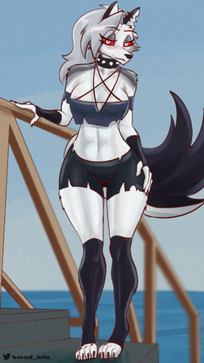 9:16 anthro areola areola_slip blush breadart_(artist) breasts canid canine canis clothed clothing ear_piercing ear_ring female goth helluva_boss hi_res invalid_background loona_(vivzmind) mammal paws piercing red_sclera smile snout solo wolf // 1080x1920 // 3.2MB