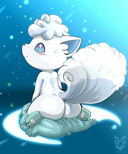 2019 3_toes <3 alolan_vulpix ambiguous_gender blue_eyes blue_nose blush bodily_fluids butt canid canine diacordst feet feral fluffy fluffy_tail fur hi_res looking_at_viewer looking_back mammal nintendo pawpads pillow pokemon pokemon_(species) raised_tail regional_form_(pokemon) sitting smile snow snowing solo sweat text toes video_games white_body white_fur // 1067x1280 // 161.5KB