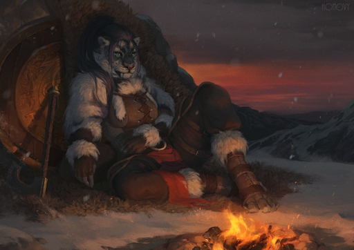 2018 absurd_res anthro axe breasts campfire clothed clothing cloud detailed_background digital_media_(artwork) english_text fangs felid female fire fur hair helena_sif_(elfox) hi_res honovy legwear long_hair mammal melee_weapon outside pantherine shield smaller_version_at_source snow snow_leopard solo sunset text tiger toeless_legwear weapon // 5000x3535 // 16.8MB