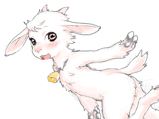 4:3 anthro bell blush bovid caprine collar female fur goat hooves horn kemono kikurage looking_at_viewer mammal open_mouth pink_eyes simple_background solo white_body white_fur // 600x450 // 108KB