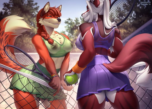 2021 anthro areola bottomwear braided_hair breasts brown_hair canid canine clothed clothing day detailed_background digital_media_(artwork) duo female fox hair kuroame mammal midriff nipples outside skirt sky smile spefides white_hair // 1255x900 // 1.7MB