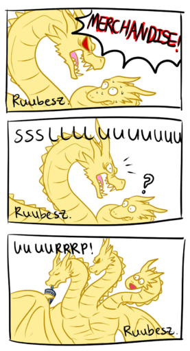 ! :o ? angry beverage bodily_fluids close-up comic crossover dialogue disney dragon drinking english_text eyes_closed fangs feral godzilla_(series) hercules_(1997) hi_res horn humor hydra kaiju king_ghidorah long_neck looking_up male monster multi_head open_mouth reptile ruubeszdraws scalie scared sharp_teeth sweat teeth text toho tongue wings // 880x1624 // 1.0MB
