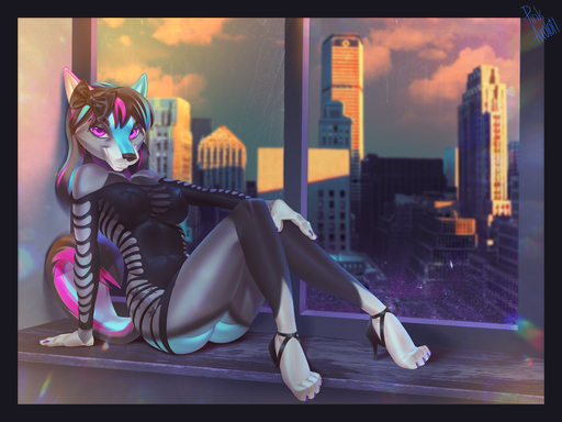 4:3 absurd_res anthro breasts canid canine canis city city_background clothed clothing dress female footwear hair hi_res high_heels looking_at_viewer mammal pinkaxolotl pinup pose robe shoes smile solo wolf // 6000x4500 // 6.8MB