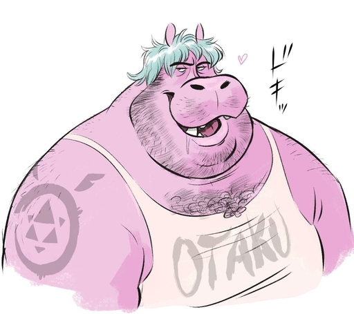 2019 <3 anthro bodily_fluids body_hair chest_hair clothing common_hippopotamus dramamine drooling english_text facial_hair hair hippopotamid japanese_text male mammal overweight overweight_anthro overweight_male saliva shirt simple_background solo tank_top tattoo text topwear white_background // 1213x1077 // 119.0KB