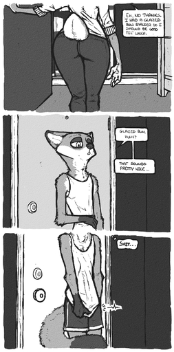 anthro boxers_(clothing) butt canid canine clothing comic dialogue disney english_text female fox hi_res judy_hopps lagomorph leporid luraiokun mammal monochrome nick_wilde rabbit text underwear zootopia // 950x1920 // 1.5MB