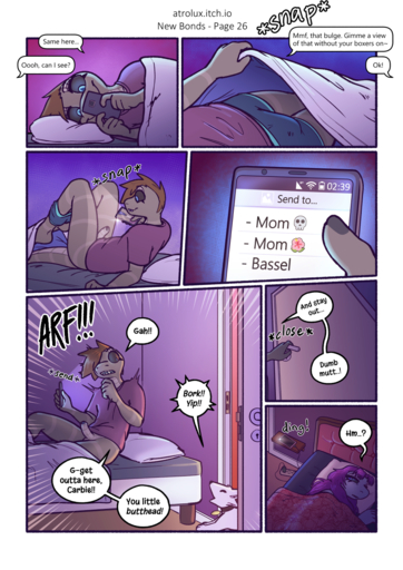 amon_(atrolux) anthro atrolux bed black_sclera blue_eyes bulge carbie_(atrolux) clothed clothing collar comic dialogue english_text erection female foreskin furniture genitals hair hi_res humanoid_genitalia humanoid_penis male monique_(atrolux) on_bed partially_clothed penis phone purple_hair reptile scalie shirt snake speech_bubble surprise text topwear underwear underwear_down // 954x1350 // 1.2MB