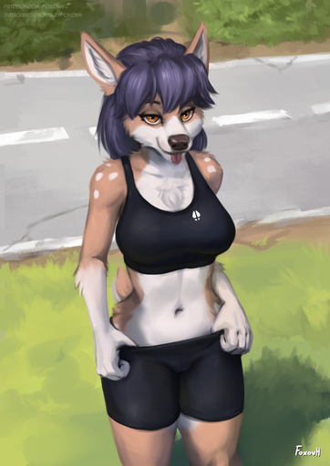 2022 anthro blep blue_hair bottomwear bottomwear_down brown_eyes cervid clothed clothing female foxovh fur hair hi_res looking_at_viewer mammal multicolored_body multicolored_fur navel outside pants pants_down partially_clothed solo street tan_body tan_fur tongue tongue_out two_tone_body two_tone_fur white_body white_fur // 905x1280 // 644.5KB