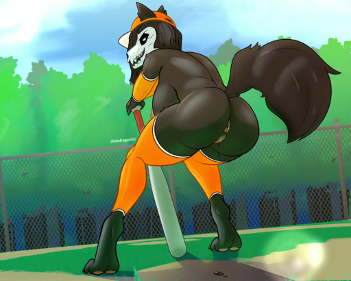 absurd_res anthro anus baseball_bat baseball_cap bat_(object) bodily_fluids bone breasts canid canine cel_shading clothing crouching detailed_background dododragon56 dripping female fence field fur genital_fluids genitals grass hat headgear headwear hi_res leggings legwear looking_at_viewer looking_back malo mammal monster nipples nude plant pussy pussy_juice raised_tail scp-1471 shaded skull skull_head sky smile solo tree // 3000x2400 // 9.0MB