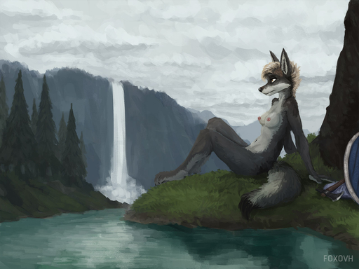 2018 4:3 anthro axe breasts canid canine digital_media_(artwork) dipstick_tail female forest fox foxovh mammal markings melee_weapon mountain multicolored_tail navel nipples nude outside plant reclining river shaded sky solo tail_markings tree water waterfall weapon // 1280x960 // 179.3KB