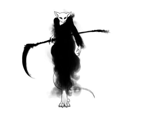 5:4 anthro black_and_white black_eyes black_sclera death_(personification) female fur grim_reaper ipoke looking_at_viewer mammal melee_weapon monochrome mouse murid murine personification polearm rodent scythe simple_background solo weapon white_background white_body white_fur // 700x560 // 82.7KB