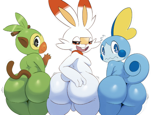 2019 ambiguous_gender anthro anthrofied ass_to_ass backsack balls band-aid bandage big_butt blue_body blue_skin breasts buckteeth butt cheek_tuft digital_media_(artwork) facial_tuft fur genitals gesture green_body green_skin grookey group half-closed_eyes hi_res lagomorph looking_at_viewer looking_back male mammal moobs multicolored_body multicolored_fur narrowed_eyes nintendo open_mouth pokemon pokemon_(species) pokemorph presenting primate reptile scalie scorbunny side_by_side simple_background slightly_chubby small_breasts smile smirk sobble sssonic2 starter_trio take_your_pick teeth tuft two_tone_body two_tone_fur video_games waving white_background white_balls white_body white_fur // 2142x1628 // 1.2MB