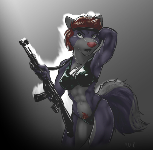 abs accessory anthro arms_above_head assault_rifle biceps bikini breasts canid canine clothed clothing dog_tags female gun hair headband mammal marsonaut muscular muscular_anthro muscular_female pinup pose pubes ranged_weapon red_hair rifle skimpy solo swimwear tuft weapon // 950x935 // 459.8KB