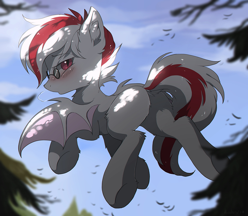 bat_pony butt_pose cutie_mark day detailed_background equid eyewear fan_character female feral glasses hair hioshiru hooves inner_ear_fluff mammal membrane_(anatomy) membranous_wings outside pose rear_view red_hair solo tuft white_hair wings // 1000x870 // 605.9KB